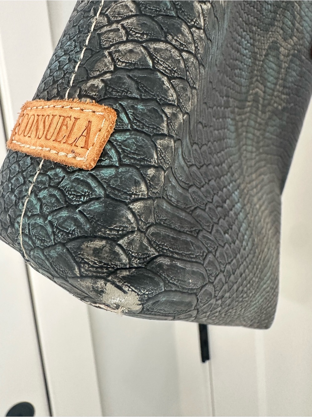Consuela Teal Snake-Print Tote with Brown Handles - Picture 7 of 9